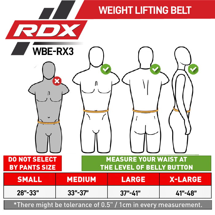 RDX X3 Weightlifting Neoprene Gym Belt in Red size chart
